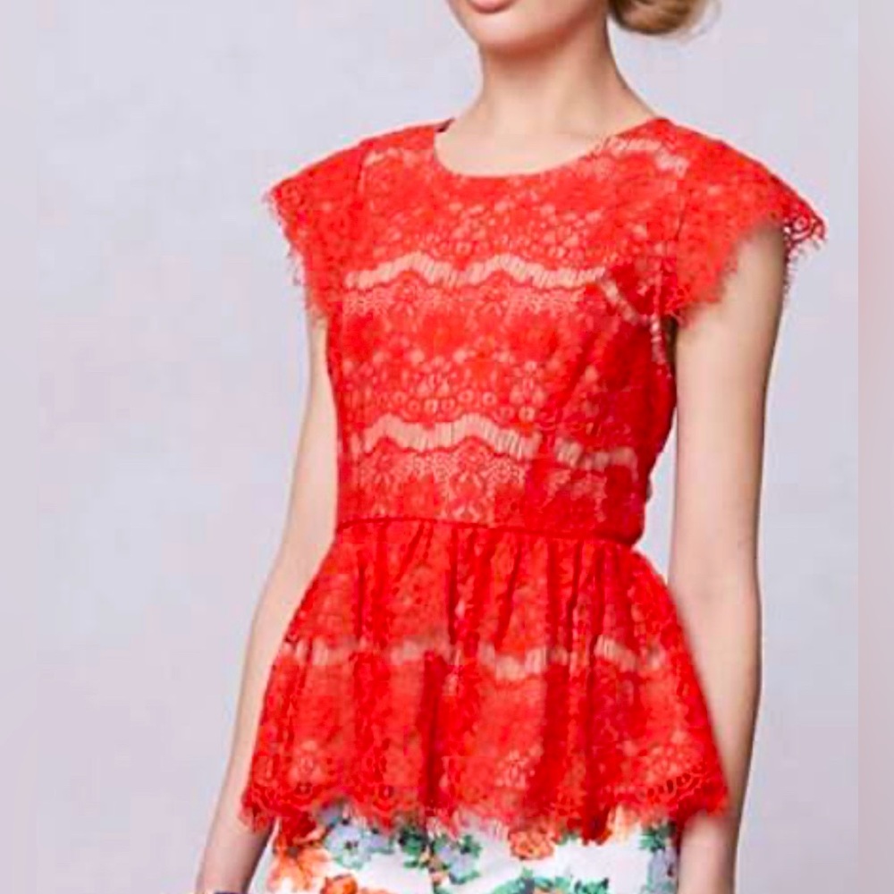 Maeve Anthropologie Lace Peplum Cap Sleeve Top Blouse Women’s XS Extra Small Red